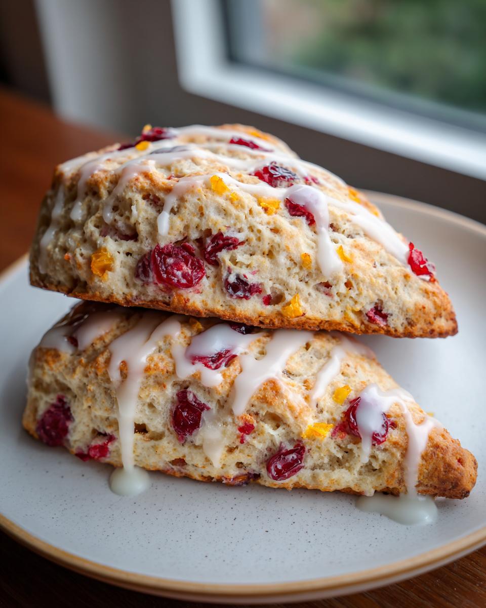 Close-up of two delicious cranberry orange scones stacked, drizzled with white glaze, featuring visible cranberries and orange zest.