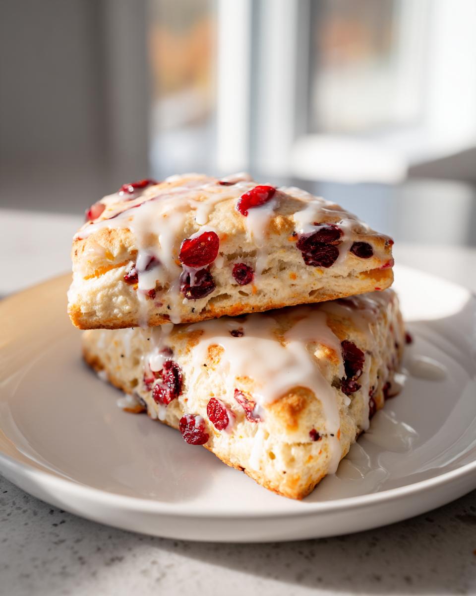Two freshly baked cranberry orange scones stacked on a white plate, drizzled with white glaze.