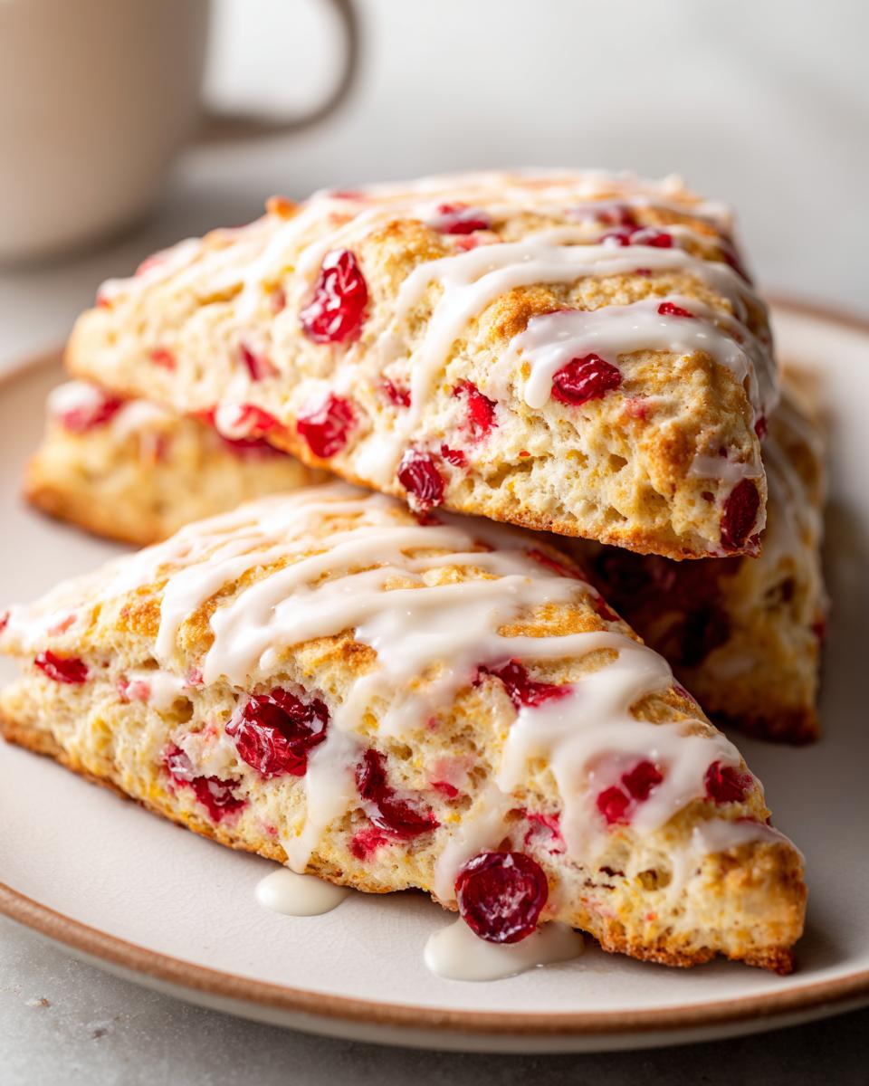 Close-up of three stacked cranberry orange scones drizzled with white vanilla glaze, perfect for brunch.