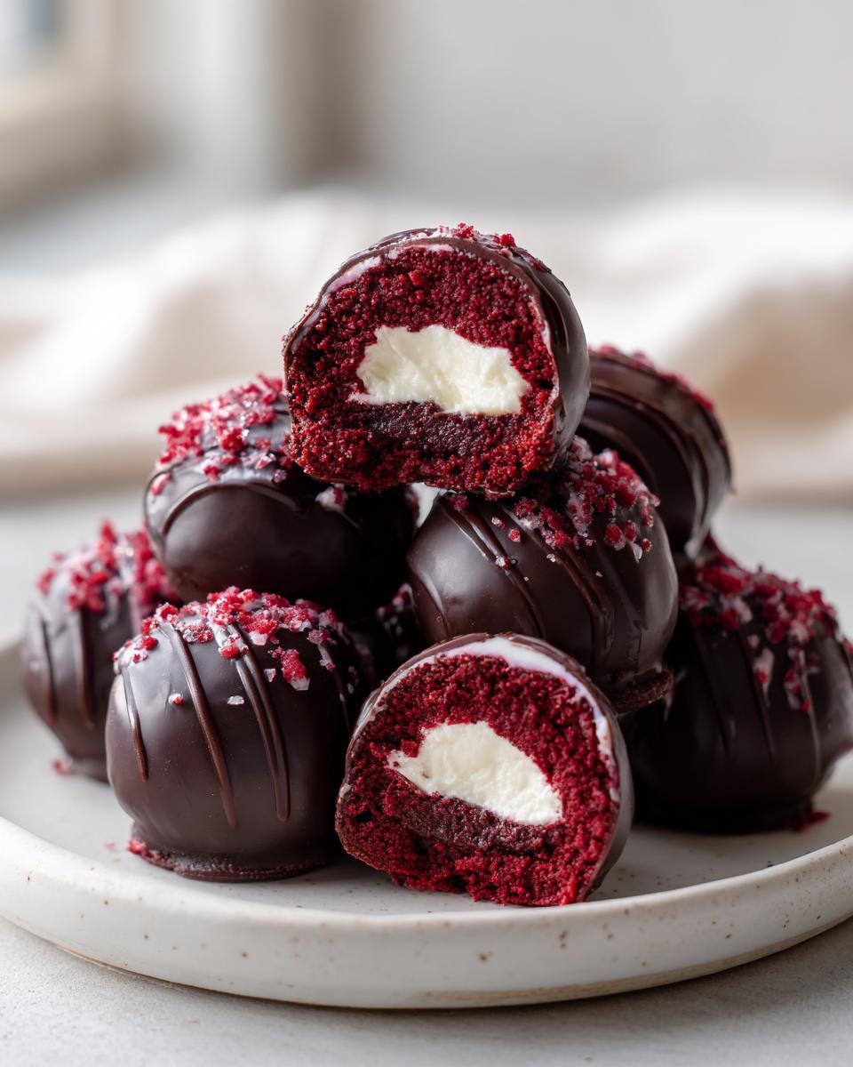 A stack of chocolate-dipped red velvet cake balls, one cut open revealing a creamy white center.