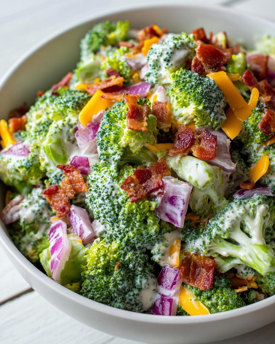 Close-up of a bowl filled with creamy apple broccoli salad, featuring bright green florets, red onion, cheddar cheese, and crispy bacon bits.