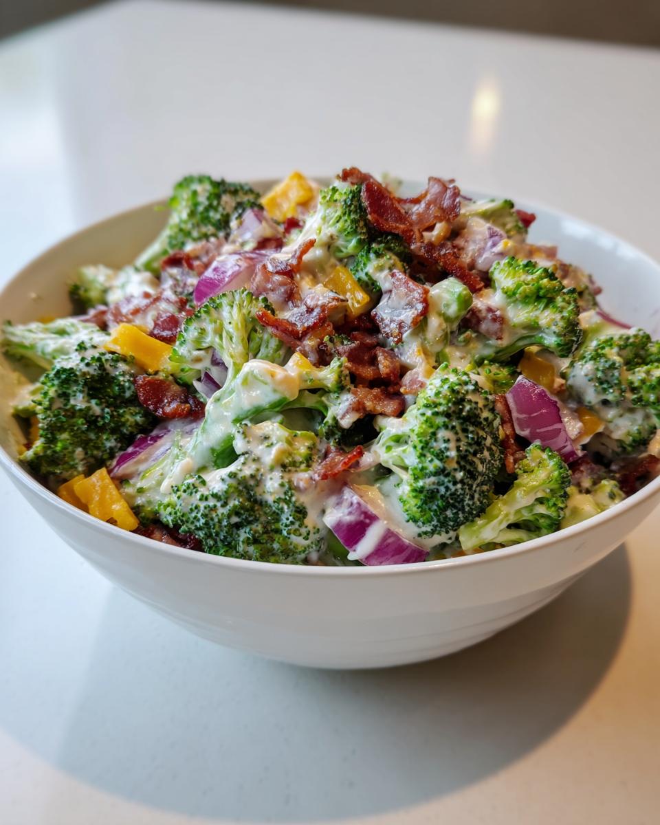 A close-up of creamy apple broccoli salad featuring broccoli florets, red onion, yellow peppers, and bacon crumbles.
