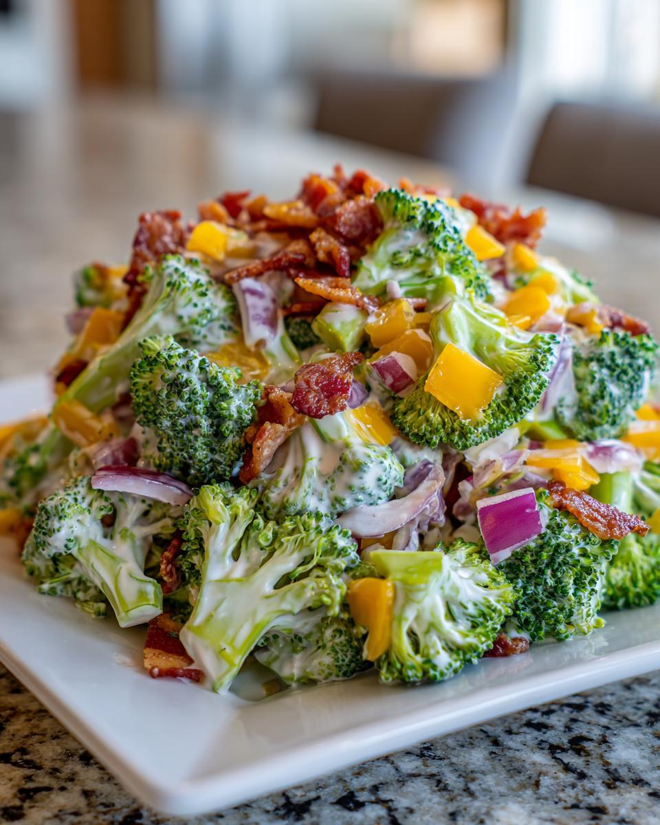 A close-up of a creamy apple broccoli salad featuring broccoli florets, red onion, yellow bell pepper, and crispy bacon bits.