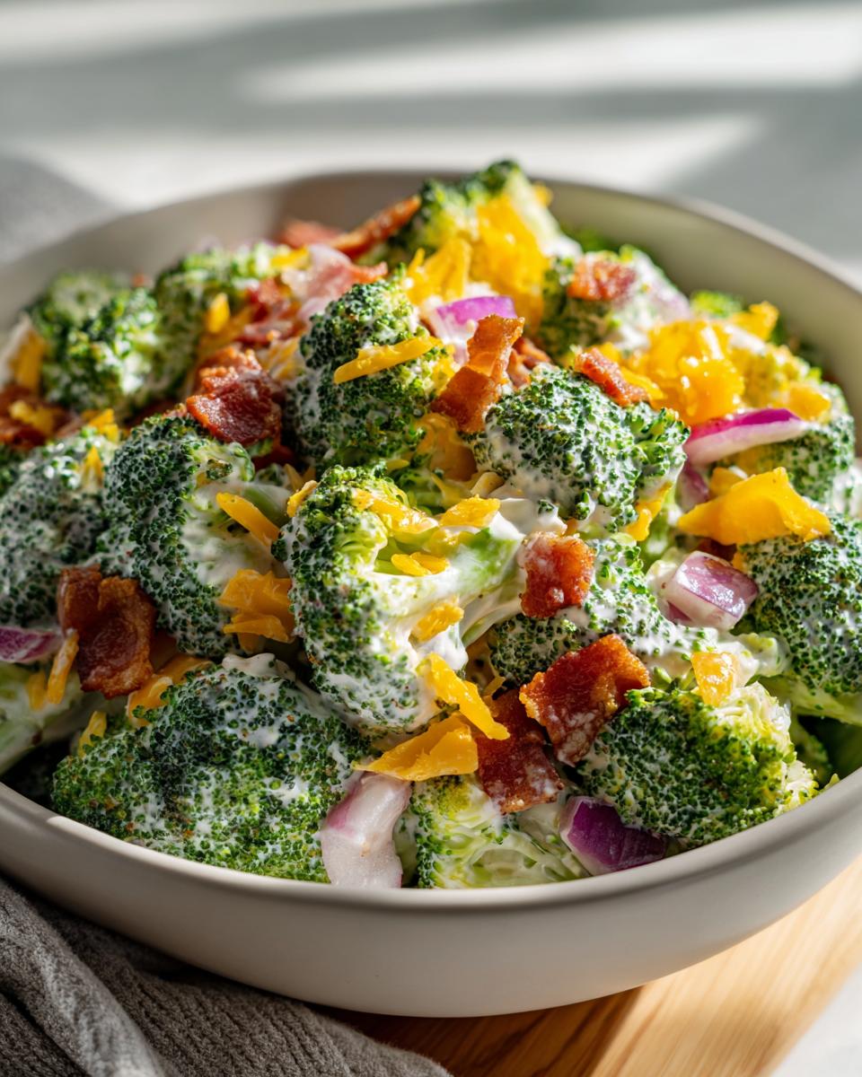 A close-up view of a creamy apple broccoli salad mixed with bacon bits, cheddar cheese, and red onion.