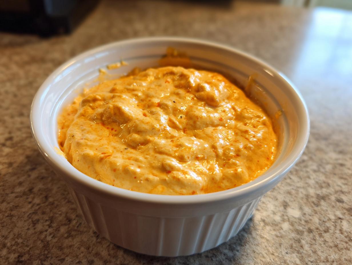 Close-up of a thick, orange, creamy beer cheese dip served in a small white fluted ramekin.