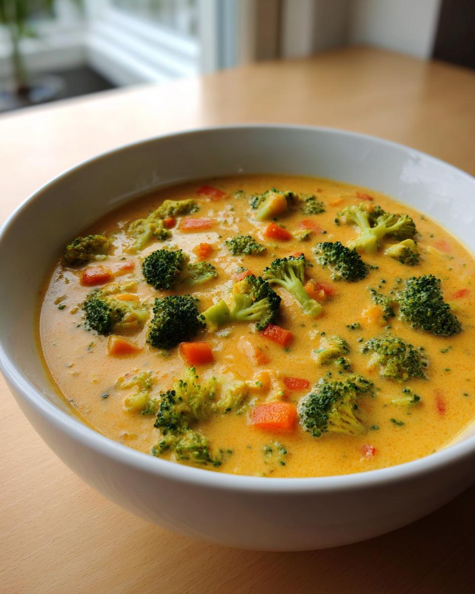 A close-up view of a white bowl filled with vibrant, creamy broccoli cheddar soup, featuring chunks of bright green broccoli and diced orange carrots.