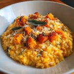 A close-up of creamy butternut squash risotto topped with roasted squash cubes, grated cheese, and sage leaves.