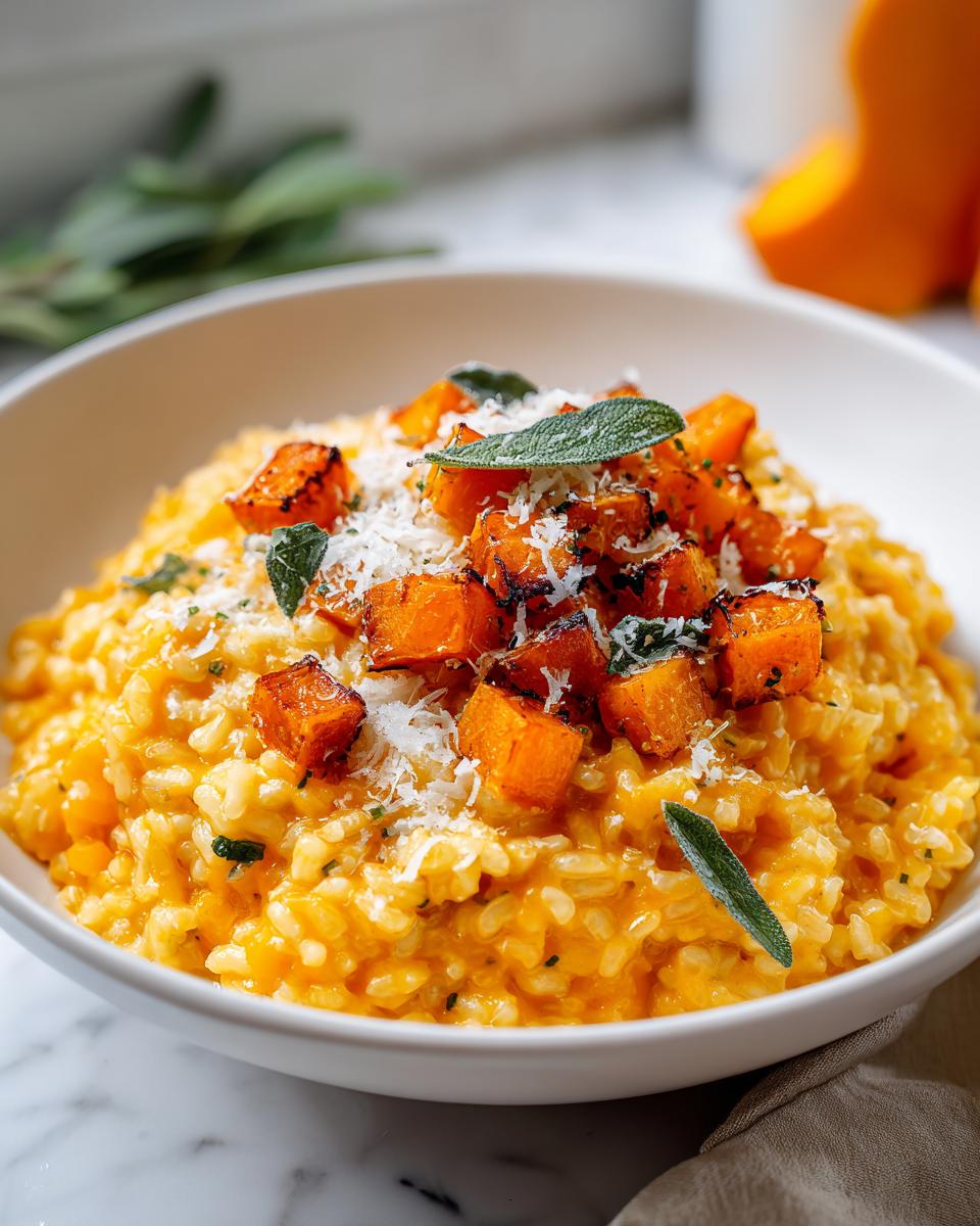 Close-up of creamy butternut squash risotto topped with roasted squash cubes, Parmesan, and fresh sage leaves.