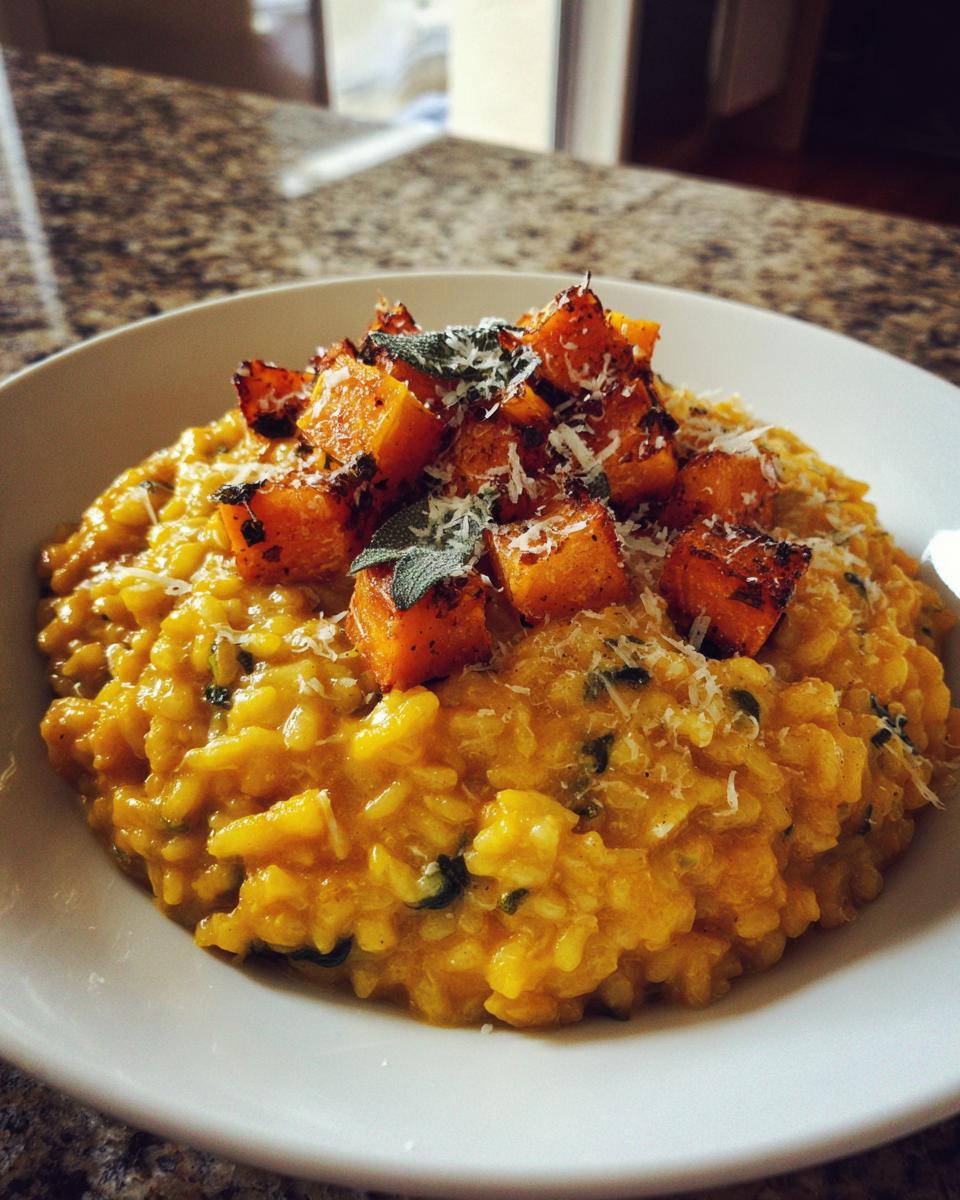 A close-up of creamy butternut squash risotto topped with roasted squash cubes, grated cheese, and sage leaves.