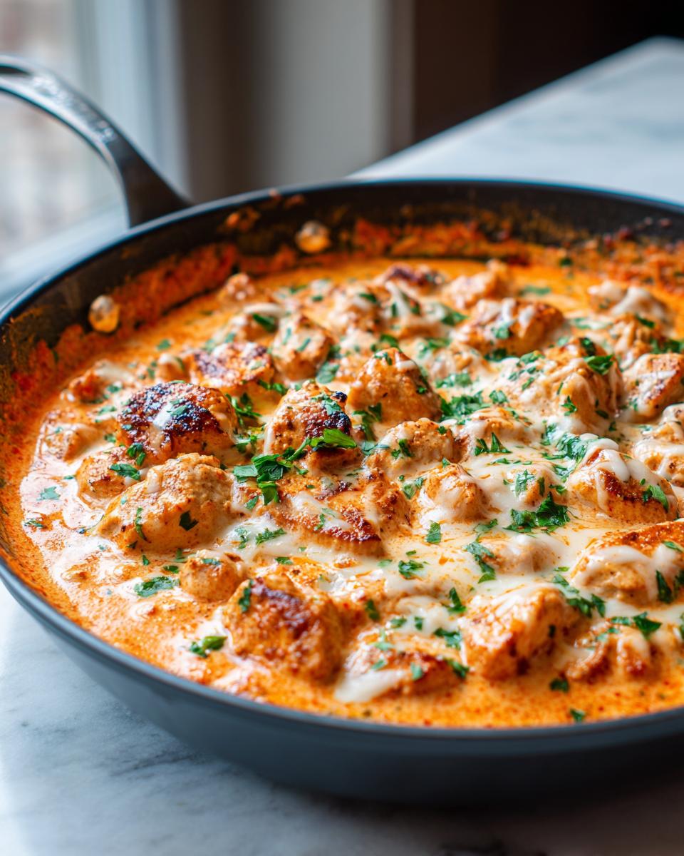Close-up of bite-sized pieces of seasoned cajun chicken simmering in a creamy, orange sauce with melted cheese and fresh parsley.