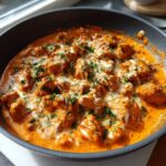 Close-up of creamy, orange-sauced cajun chicken pieces topped with melted white cheese and fresh parsley in a dark skillet.