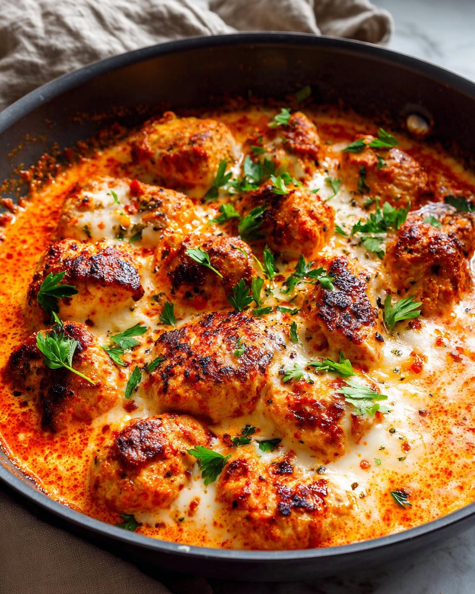 Close-up of seared cajun chicken patties simmering in a creamy, orange-red sauce, garnished with parsley.