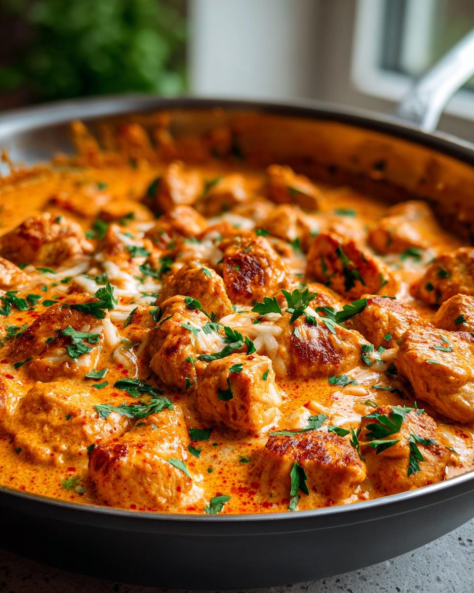 Close-up of chunks of seasoned cajun chicken simmering in a rich, creamy orange sauce, garnished with parsley.