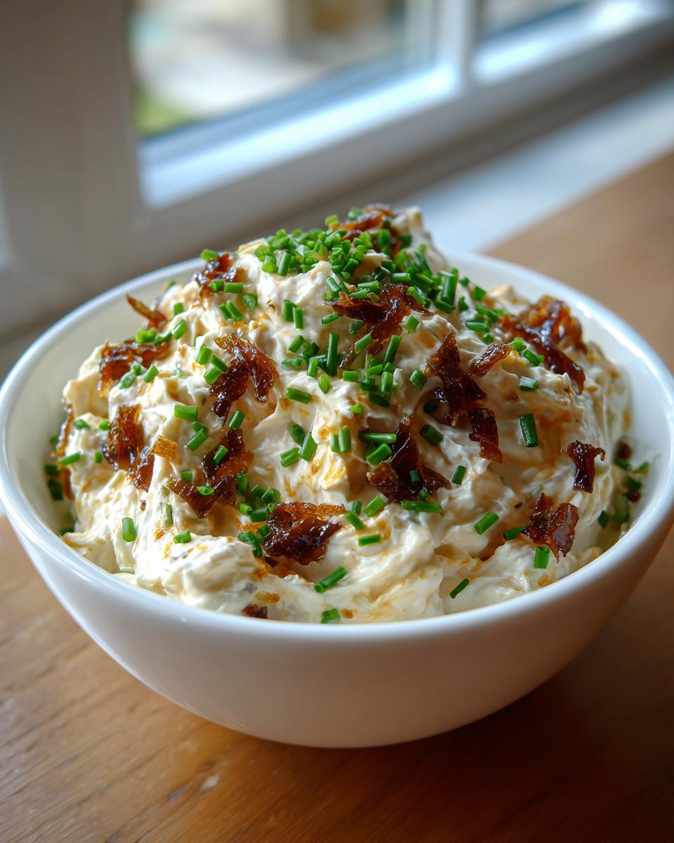 A white bowl filled with creamy caramelized french onion dip, garnished generously with dark caramelized onions and fresh green chives.