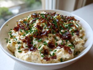 A white bowl filled with creamy caramelized french onion dip, topped generously with crispy onions and fresh chives.