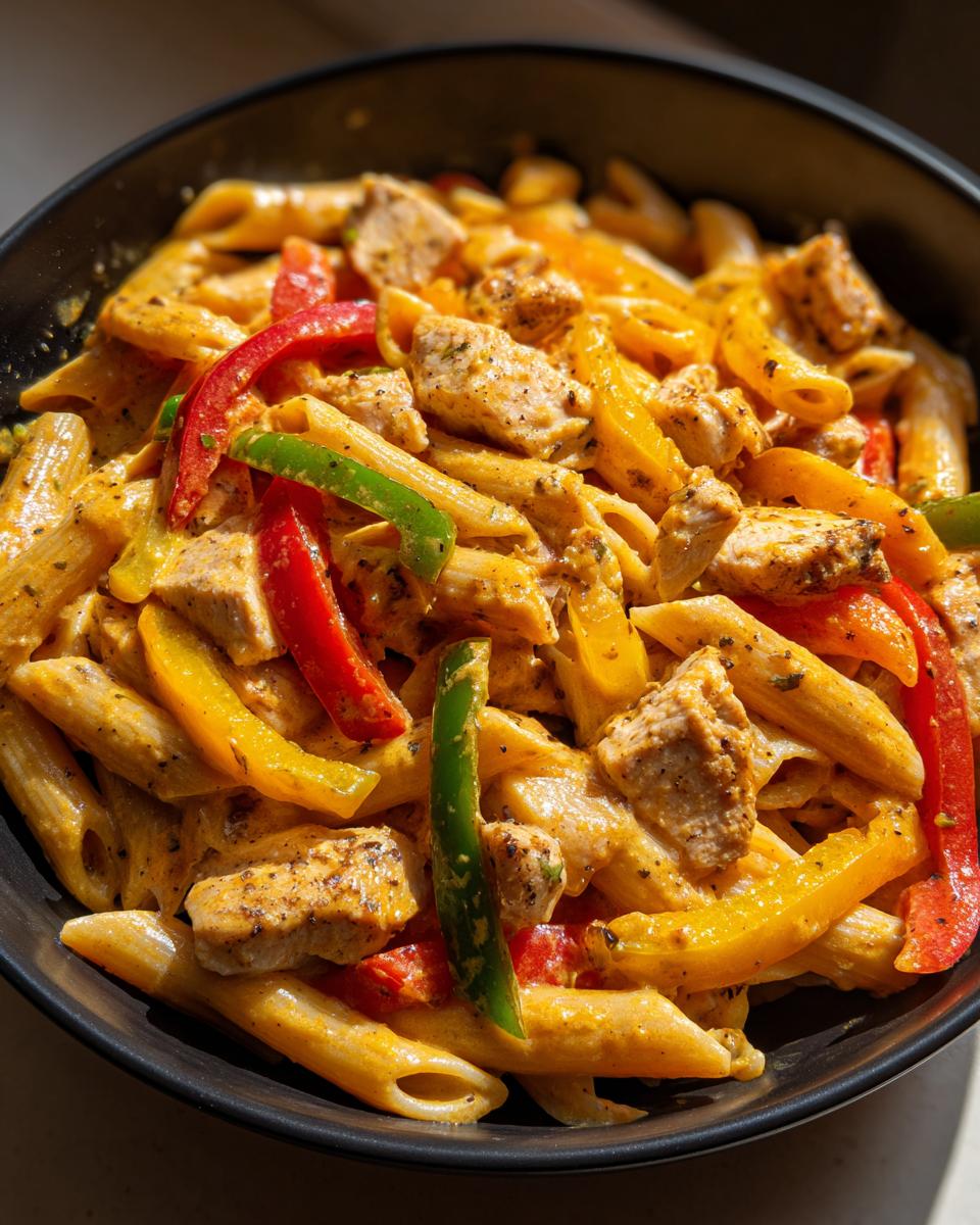 Close-up shot of creamy rasta pasta featuring penne, seasoned chicken chunks, and colorful bell peppers (red, yellow, green).