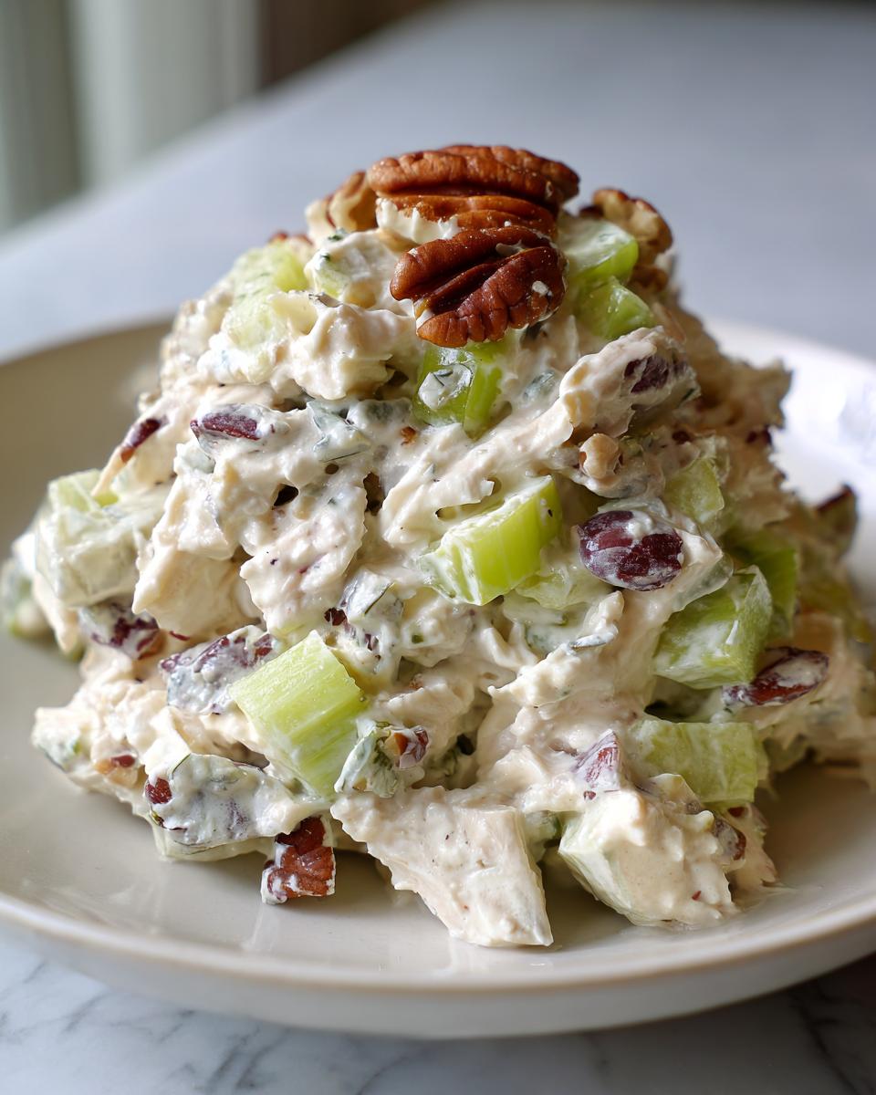 Close-up of a creamy chicken salad mixture with celery, cranberries, and pecans piled high on a white plate.