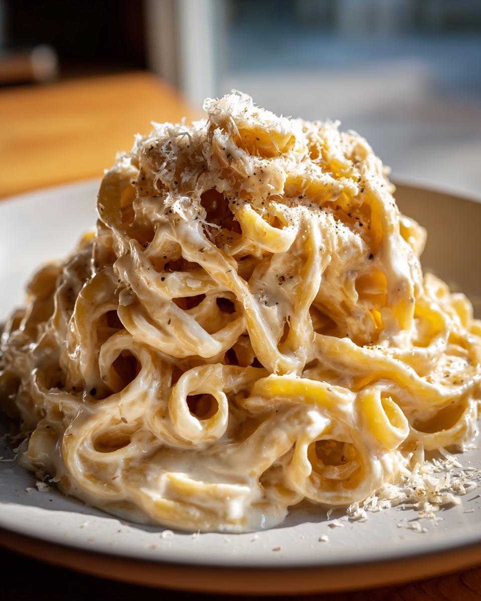 A close-up of fettuccine pasta coated in creamy cottage cheese alfredo sauce, topped with grated cheese and black pepper.