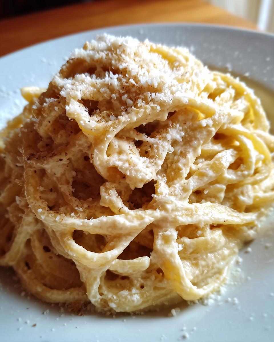Close-up of creamy pasta coated in sauce, topped with grated cheese, representing cottage cheese alfredo.