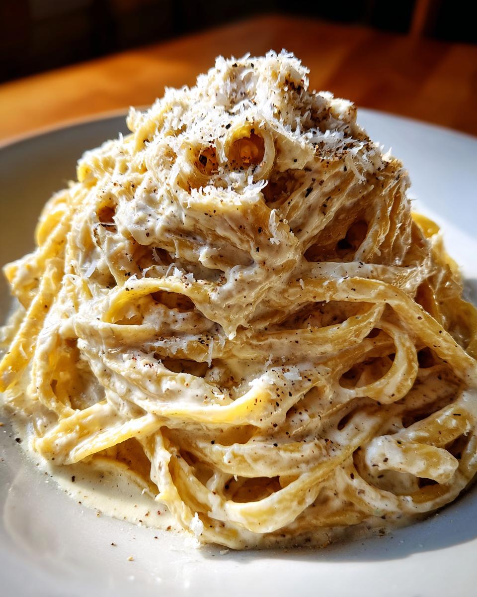 A close-up of fettuccine pasta tossed in creamy cottage cheese alfredo sauce, topped with grated cheese and black pepper.