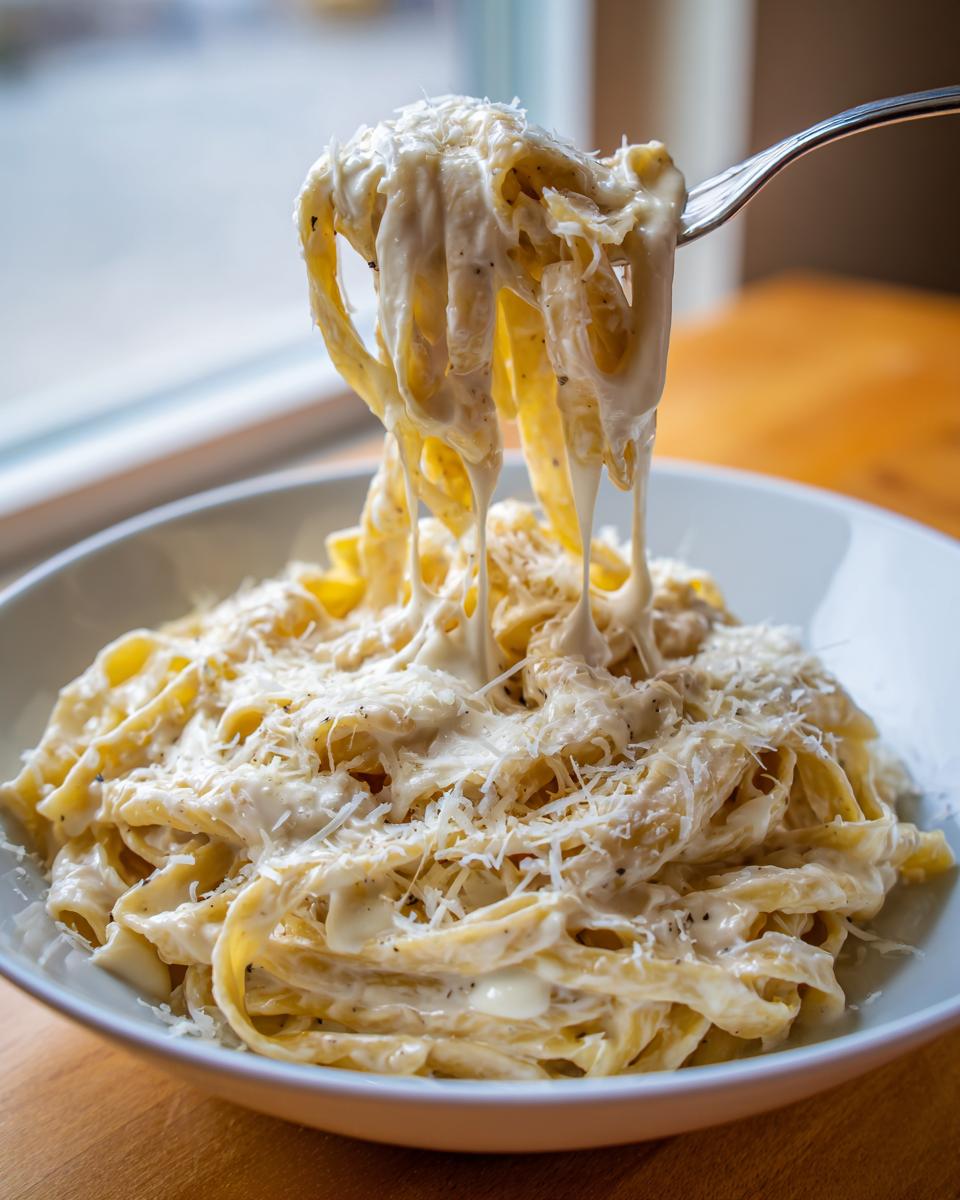 A fork lifting fettuccine noodles coated in creamy cottage cheese alfredo sauce, topped with grated Parmesan.