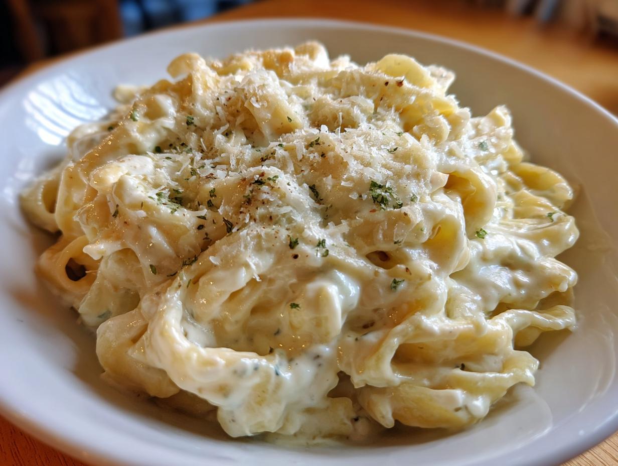 Close-up of creamy pasta coated in rich cottage cheese alfredo sauce, topped with grated cheese and herbs.