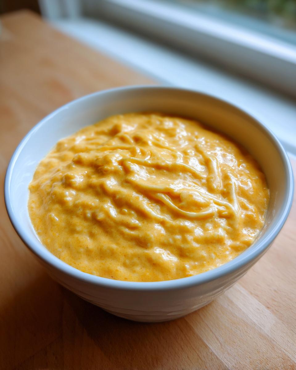 A white bowl filled with thick, bright orange cottage cheese queso dip sitting on a wooden surface near a window.