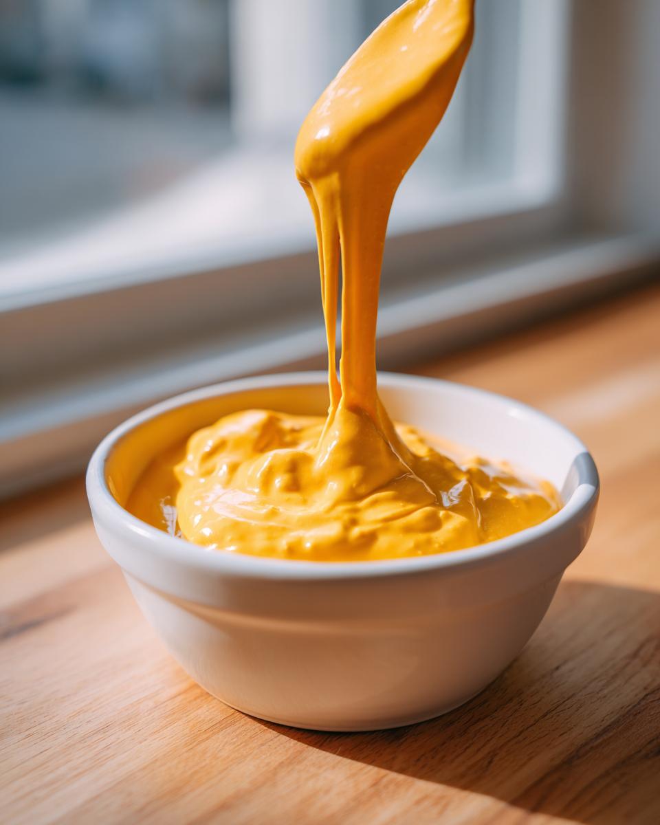A spoon lifts thick, bright orange cottage cheese queso from a white bowl, showing its smooth, dripping texture.
