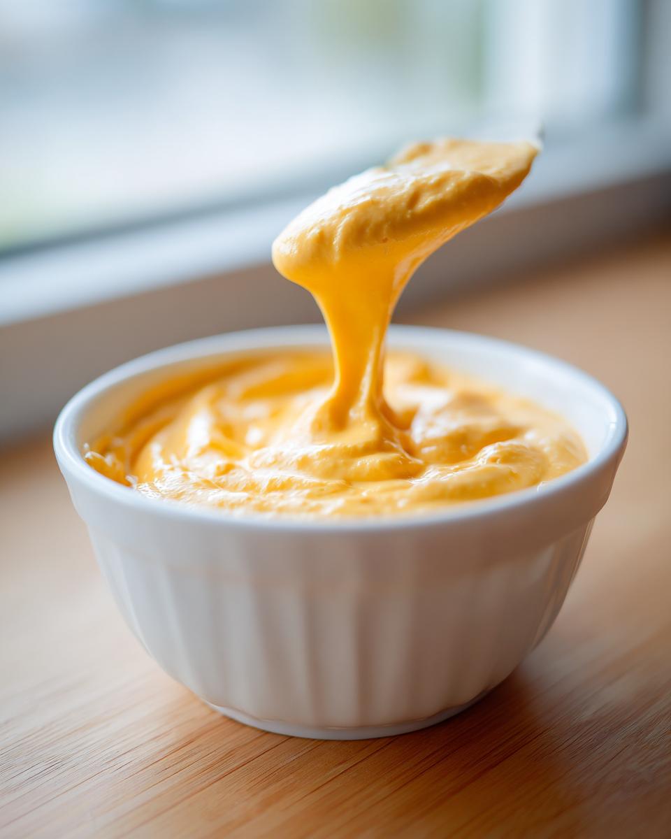 A spoonful of thick, bright orange cottage cheese queso is lifted from a white ramekin.