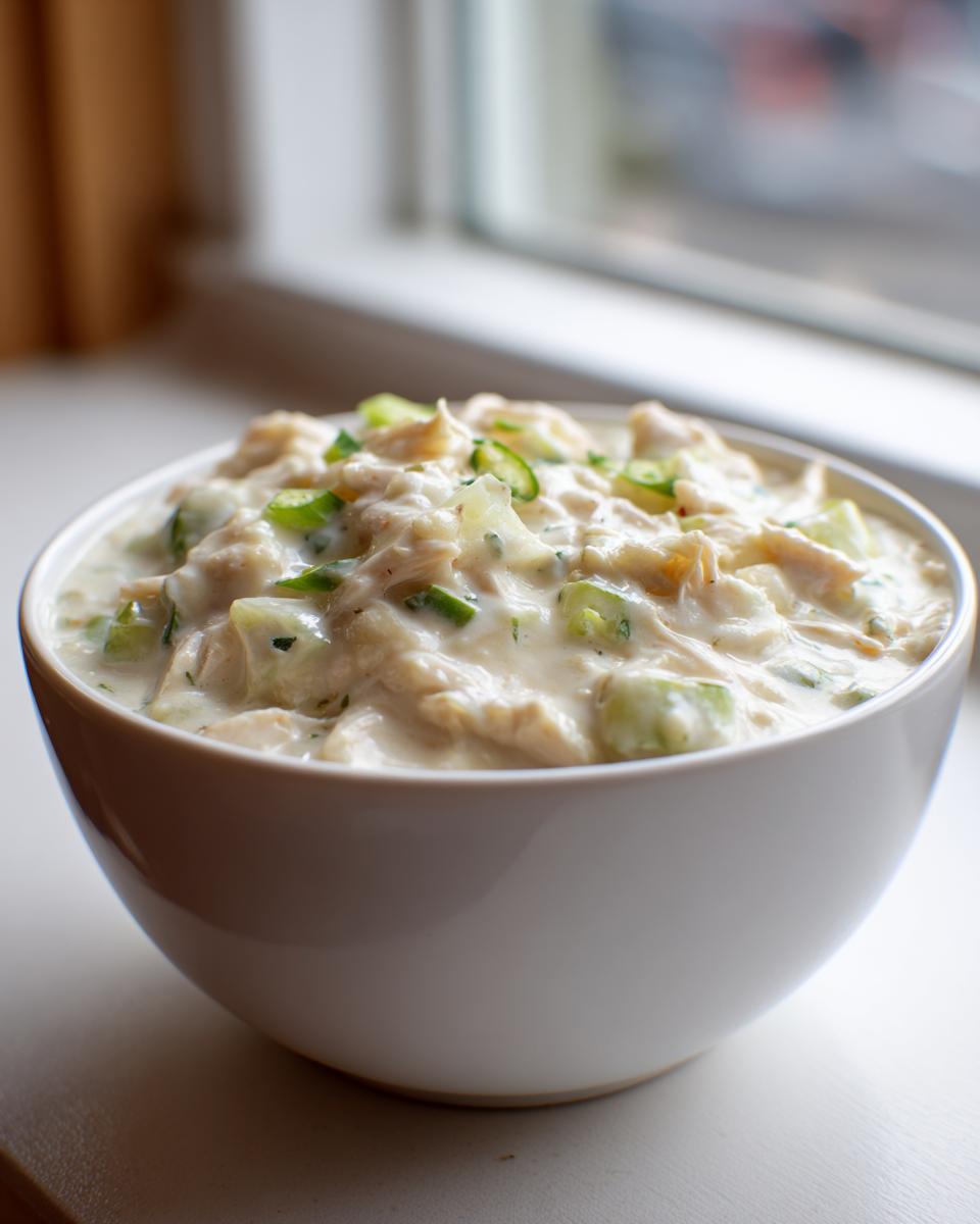 A close-up of a creamy bowl of keto white chicken chili topped with green onions.