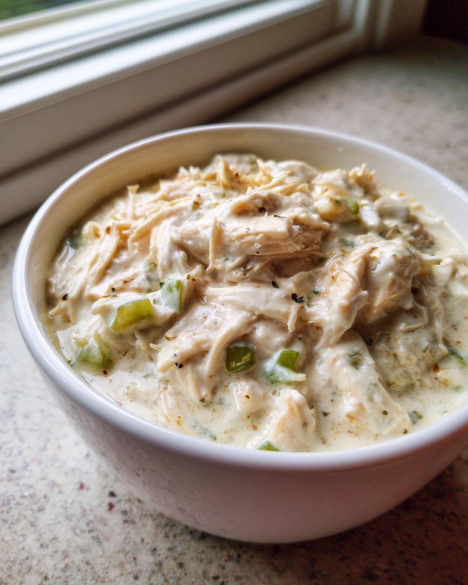 Close-up of a hearty bowl of creamy keto white chicken chili, featuring shredded chicken and green peppers in a rich sauce.