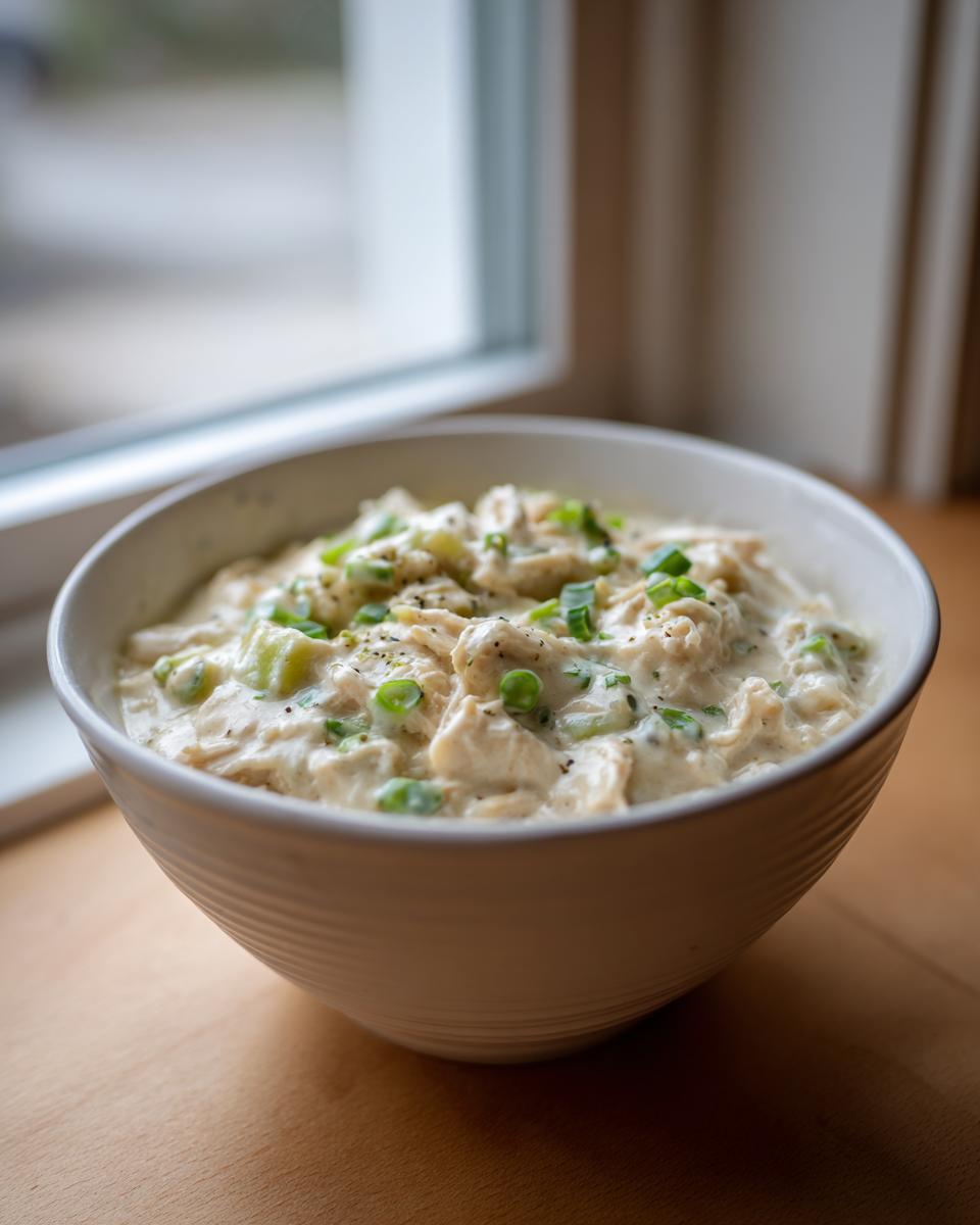 A close-up of a creamy bowl of keto white chicken chili, garnished with green onions and black pepper.