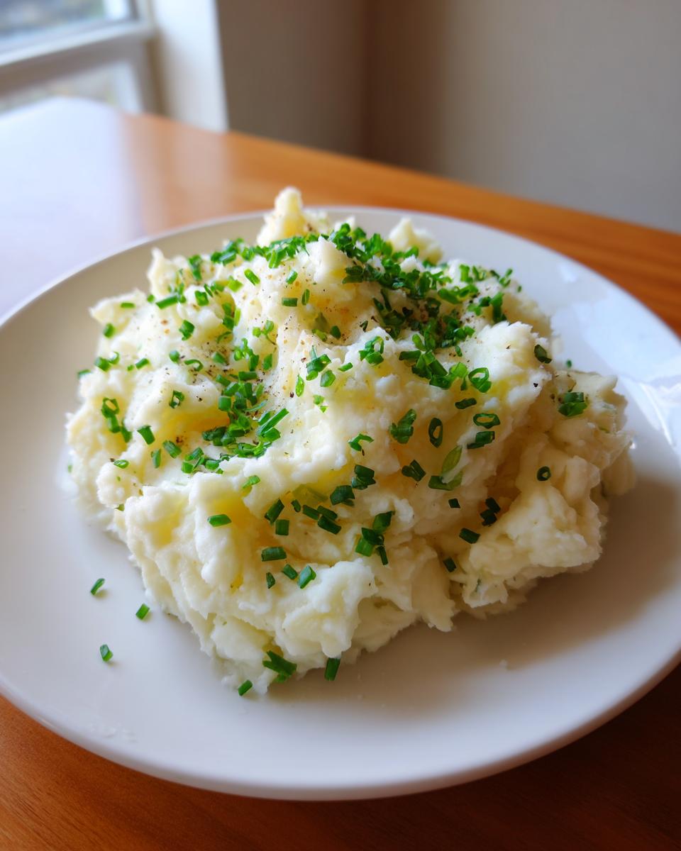 A serving of fluffy creamy low calorie mashed potatoes topped generously with fresh chopped chives and black pepper.