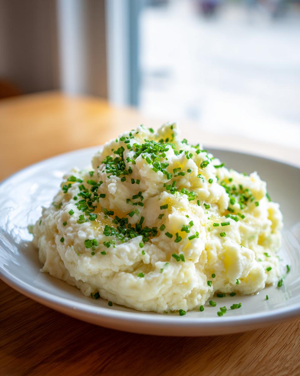 A generous serving of creamy low calorie mashed potatoes topped with fresh, bright green chopped chives.