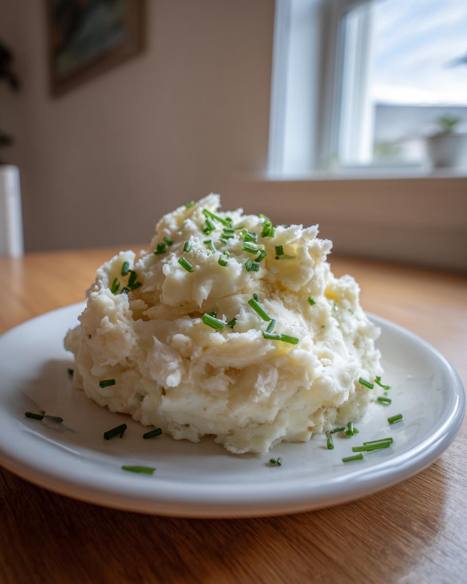 A generous serving of creamy low calorie mashed potatoes topped with fresh chopped chives on a white plate.