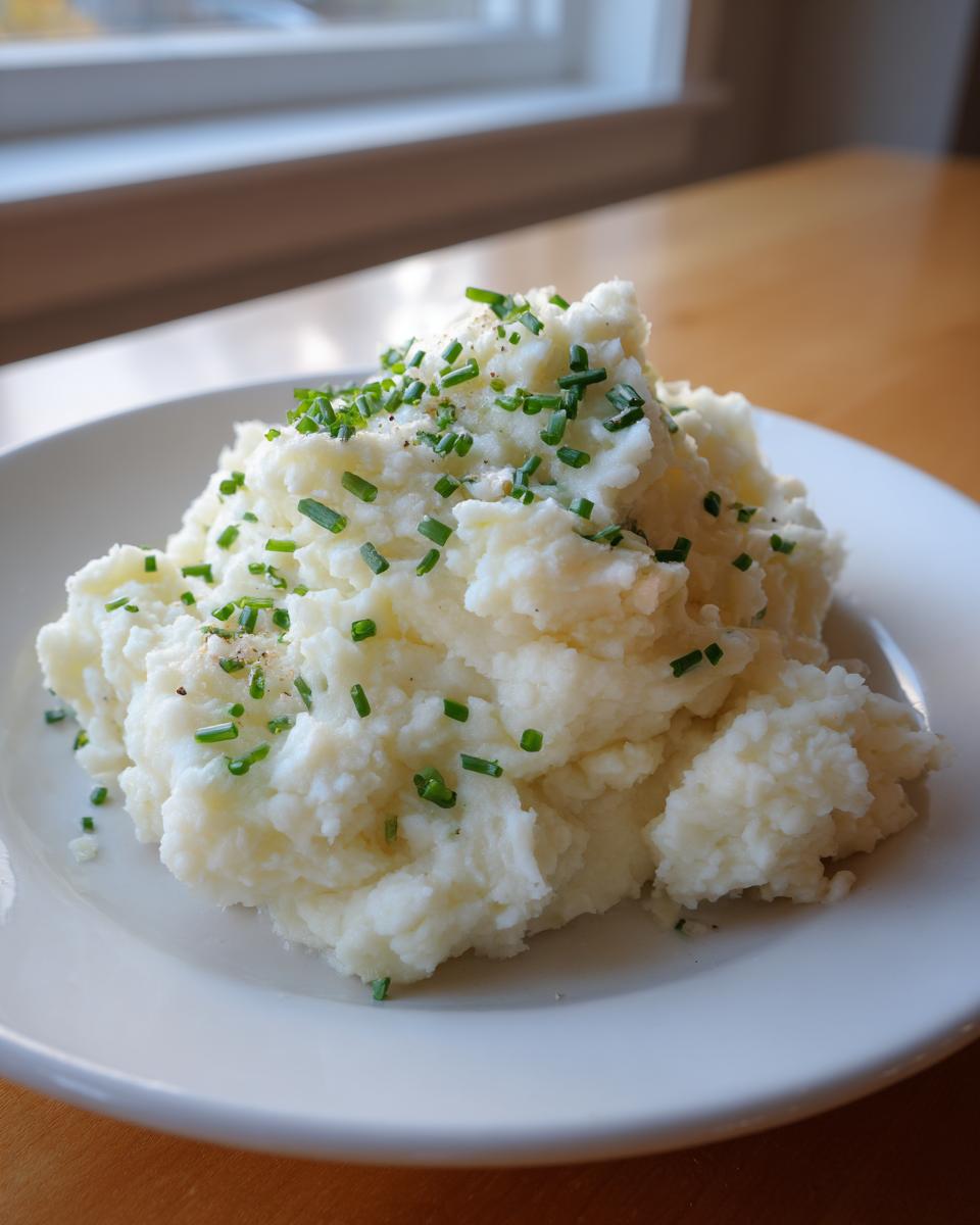 A mound of fluffy creamy low calorie mashed potatoes topped with fresh chopped chives and pepper on a white plate.