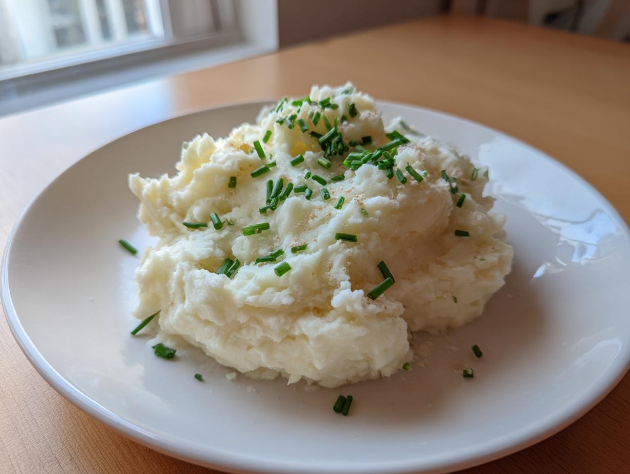 A fluffy serving of creamy low calorie mashed potatoes topped generously with freshly chopped green chives.