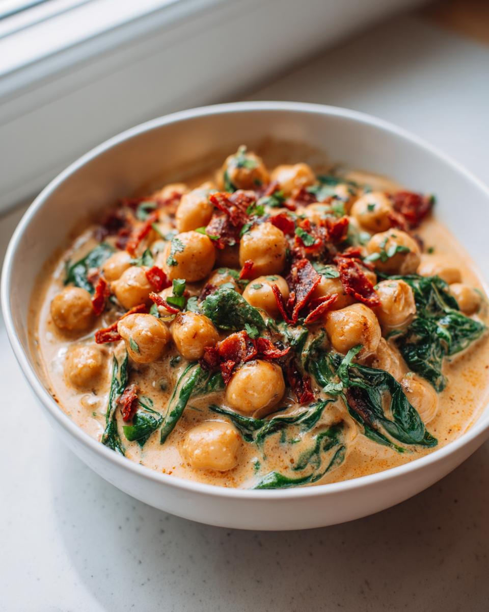 A close-up of creamy Marry Me Chickpeas served in a white bowl with wilted spinach and sun-dried tomatoes.