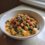 A white bowl filled with creamy Marry Me Chickpeas mixed with wilted spinach and topped with sun-dried tomatoes and basil.