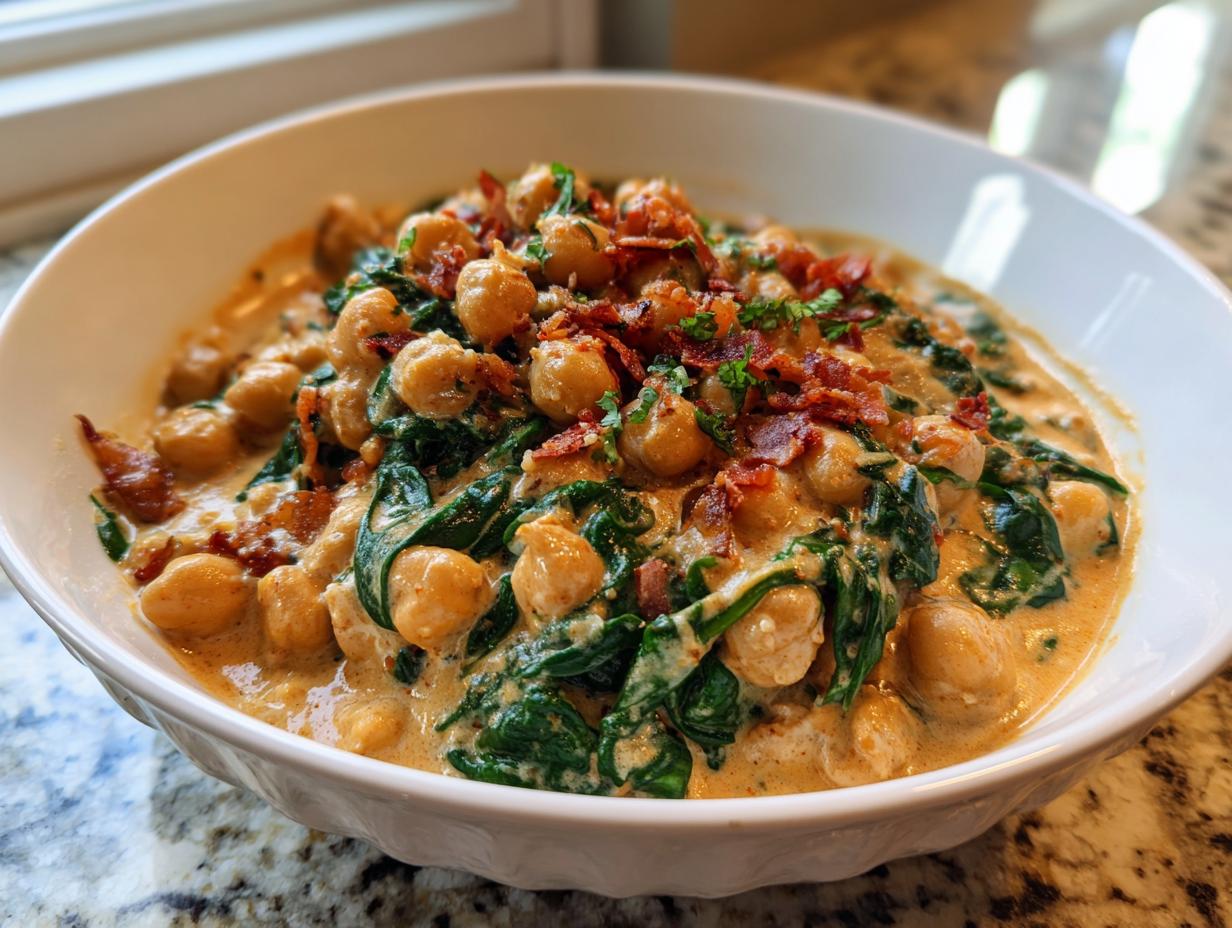 A close-up of a bowl of creamy Marry Me Chickpeas mixed with wilted spinach and topped with crispy bacon bits.