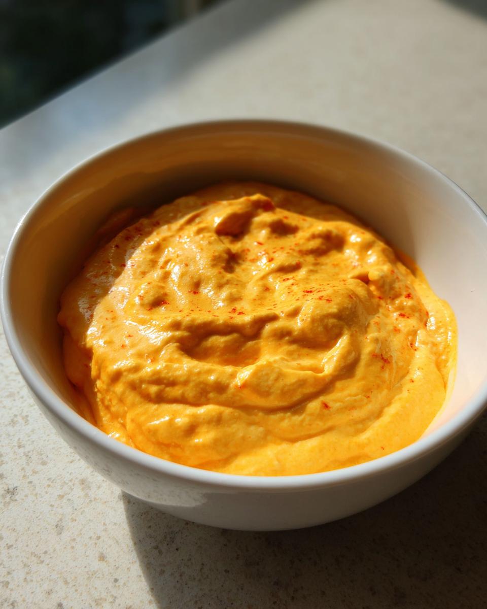Close-up of creamy, bright orange beer cheese dip sprinkled with red spice in a white bowl.