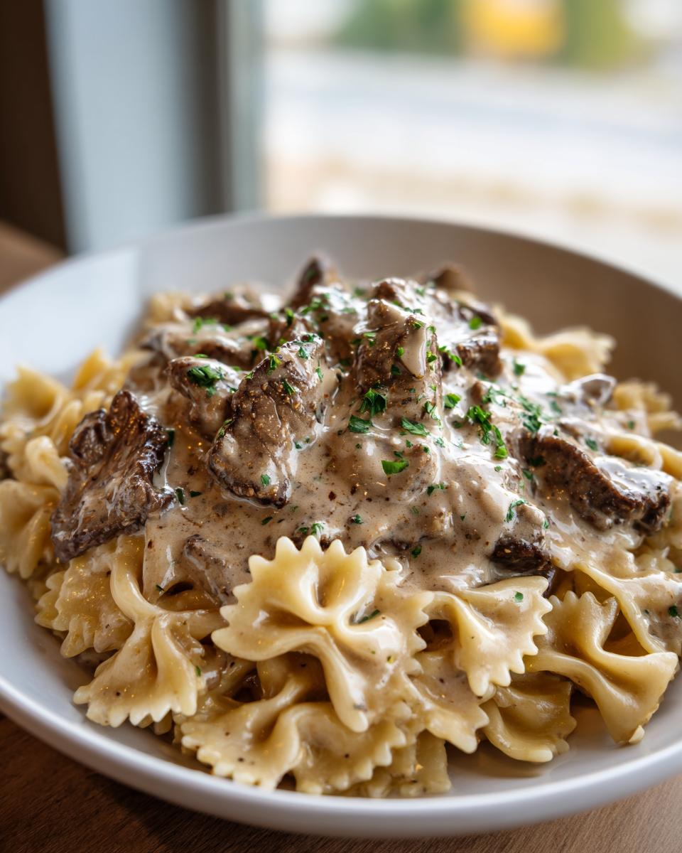 Close-up of creamy parmesan garlic beef bowtie pasta topped with sliced beef and fresh parsley in a white bowl.