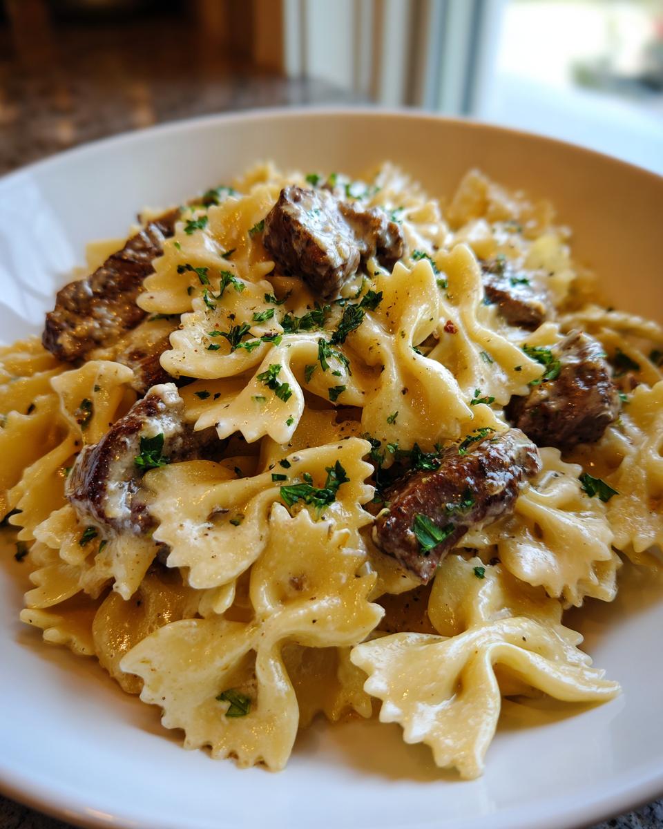 Close-up of creamy parmesan garlic beef bowtie pasta tossed in a rich white sauce and garnished with parsley.