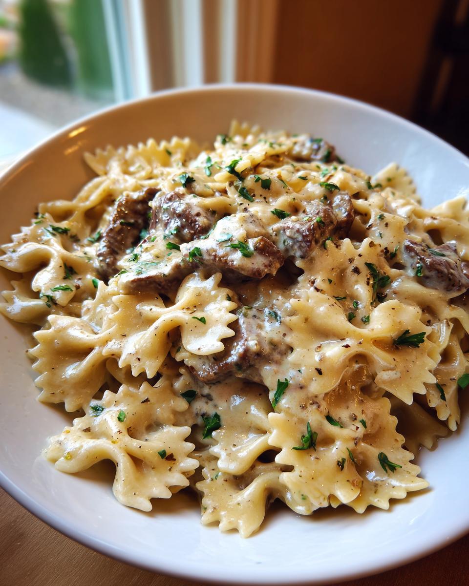 Close-up of creamy parmesan garlic beef bowtie pasta coated in a rich sauce and sprinkled with parsley.
