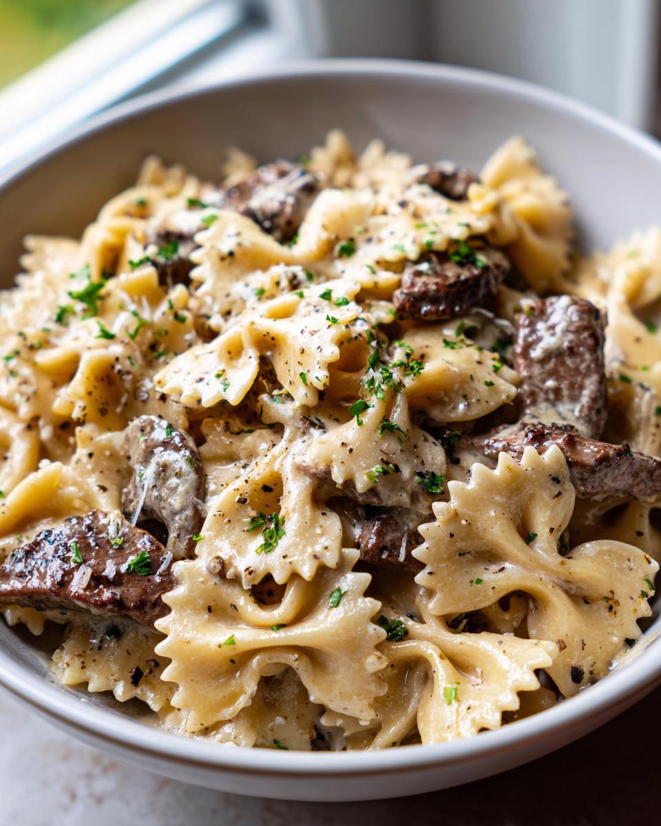 Close-up of creamy parmesan garlic beef bowtie pasta garnished with parsley and black pepper.
