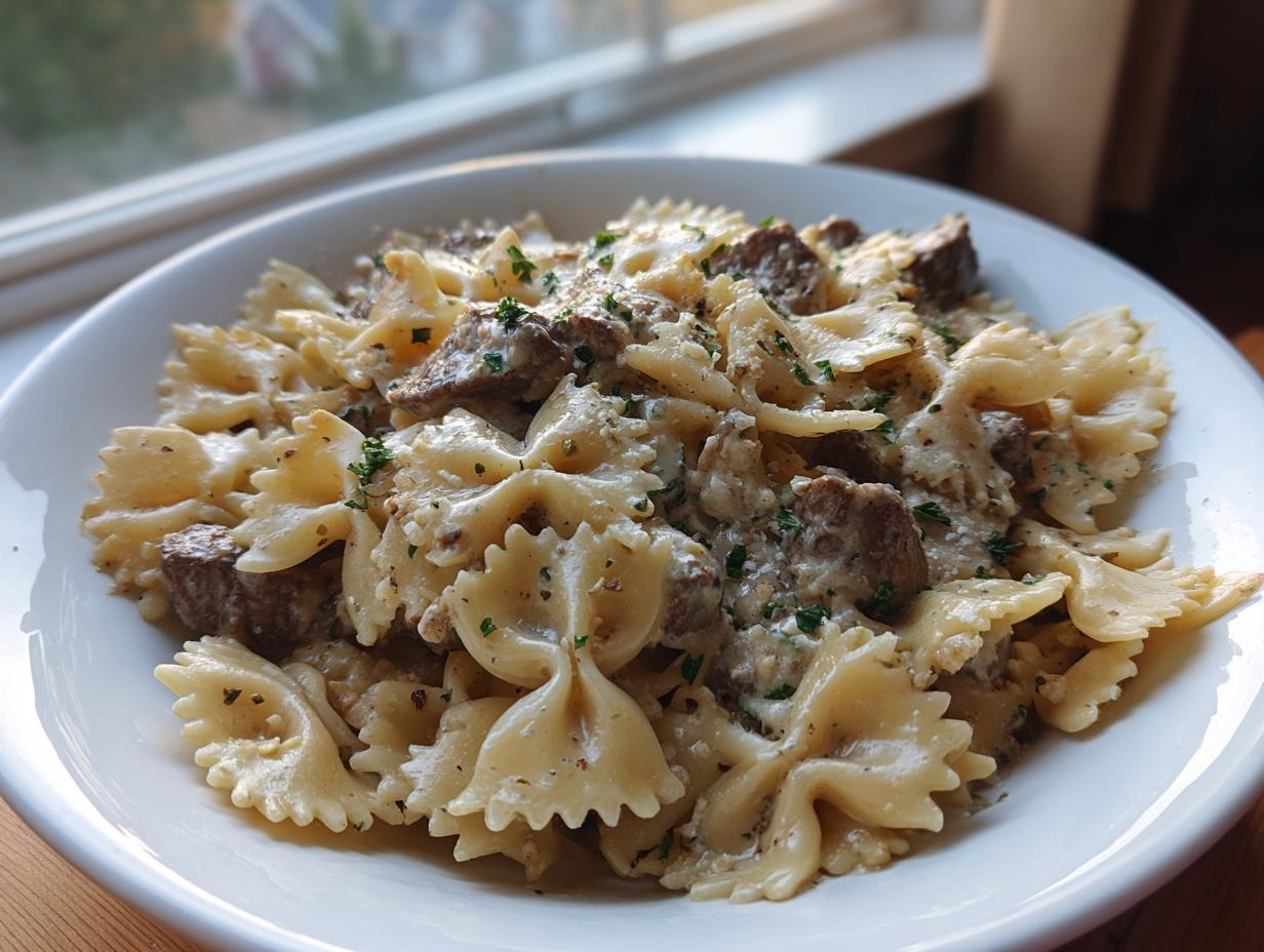 A close-up of creamy parmesan garlic beef bowtie pasta served in a white bowl, garnished with parsley.