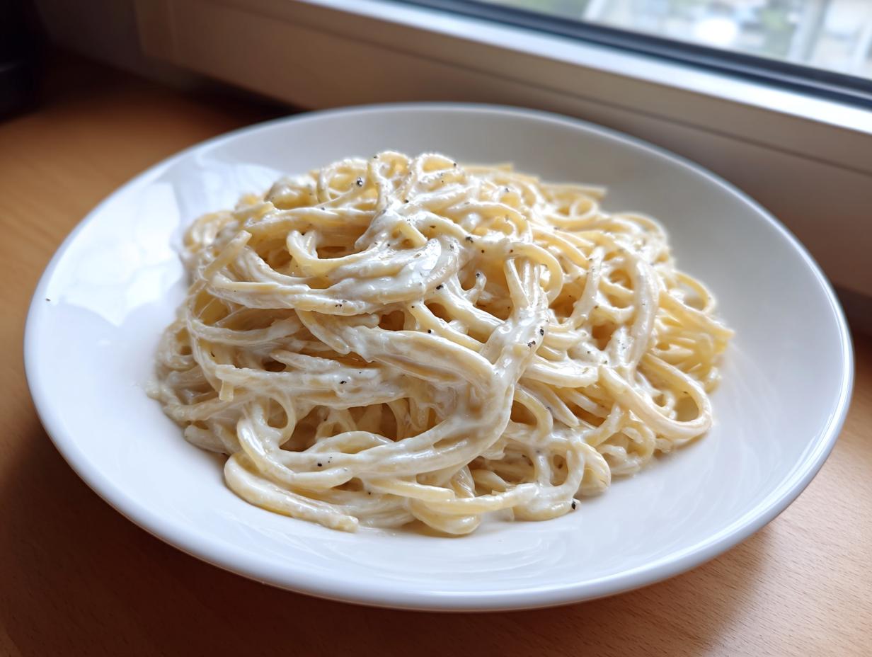 A white plate piled high with creamy spaghetti tossed in a rich sauce, representing amazing 20-minute parmesan pasta.