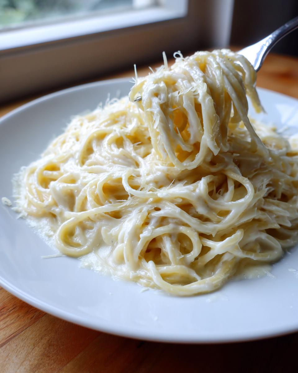 A fork lifting a twirl of creamy parmesan pasta from a white plate, topped with shredded cheese.