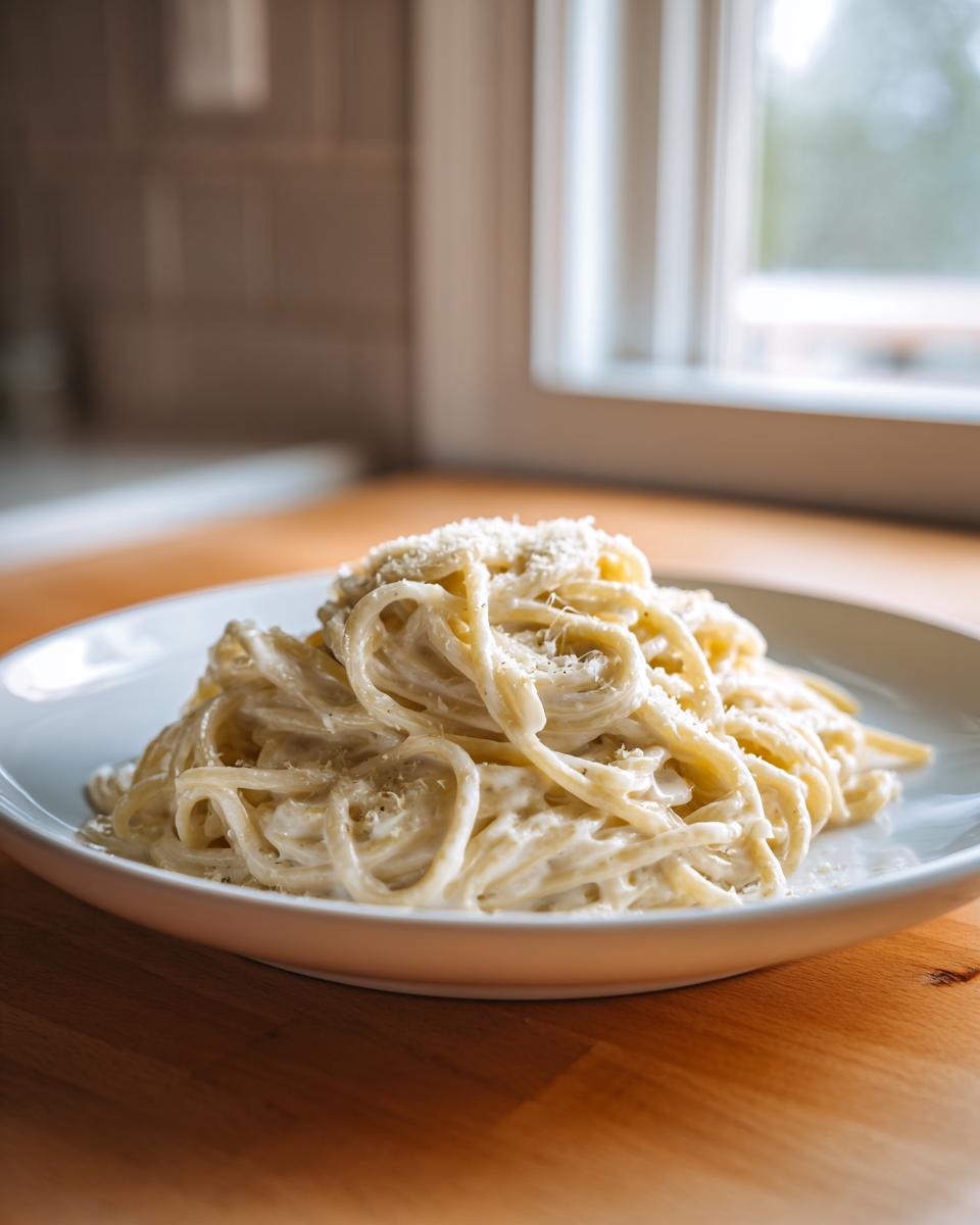 A close-up of creamy parmesan pasta topped with grated cheese, served on a white plate.