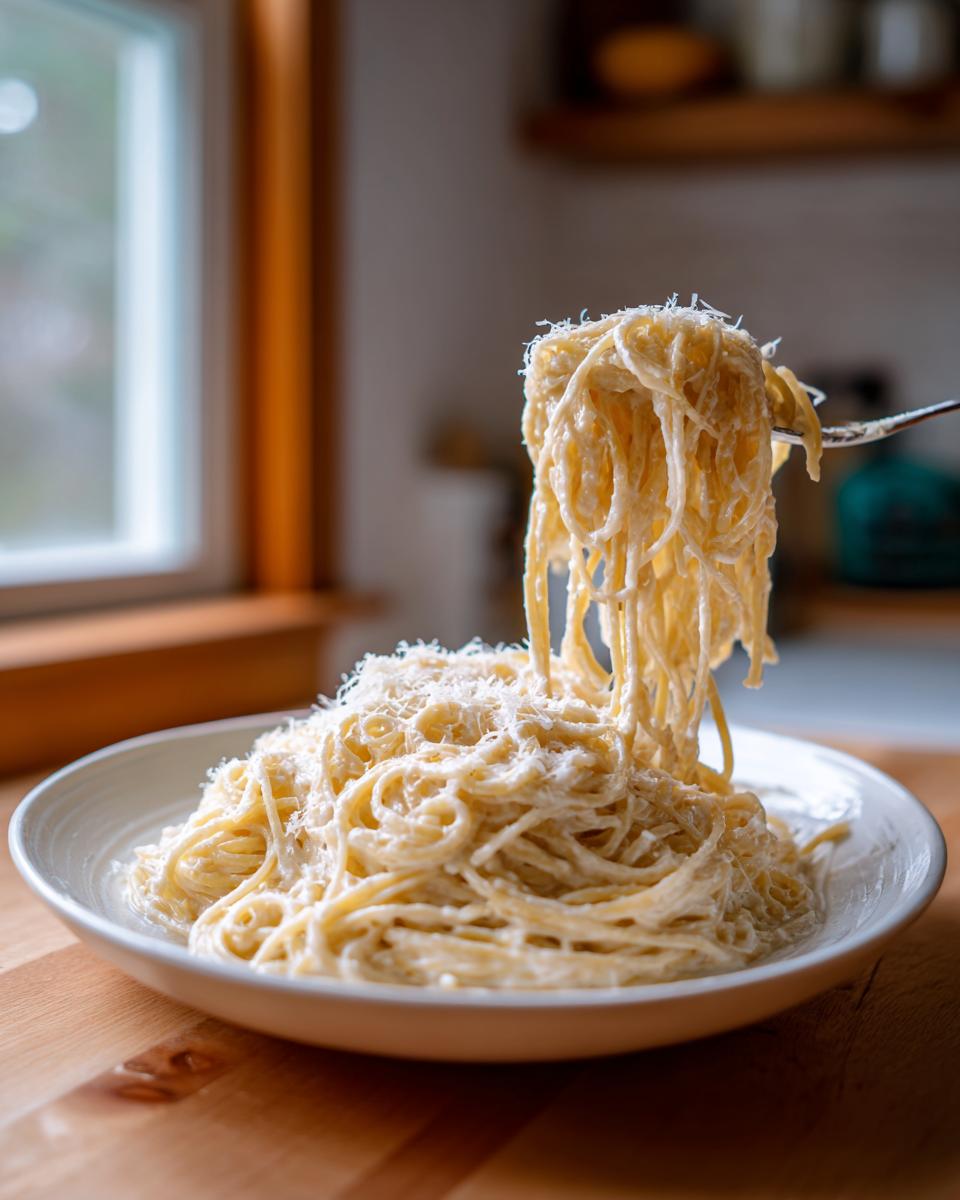 A fork lifting creamy spaghetti coated in sauce and topped with grated cheese from a bowl of parmesan pasta.